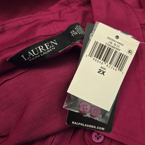 Ralph Lauren Plus Size Satin Long Sleeve Buttoned Top Fuchsia Pink 2X NWT - Picture 6 of 8